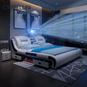 Современный дизайн умная кожаная кровать размера «King-Size» двуспальная мебель для спальни многофункциональная умная роскошная кровать с телевизором