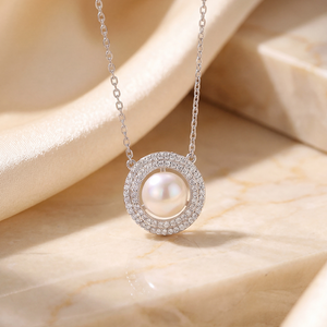 Collar con Colgante Circular de Perla de Agua Dulce en Plata de Ley S925 con Doble Halo de Circonitas, Elegante Collar de Perlas para Mujer - Product Image 4