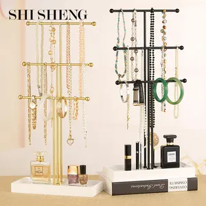 SHI SHENG 3 Tier Brass Metal T-Bar Jewelry Display Rack for Room Decor Necklace and Bracelet Hanging Display with Ring Tray
