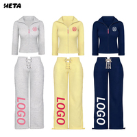 Ensemble de survêtement 2 pièces pour femme, veste polo zippée à manches longues et pantalon à cordon, en coton et élasthanne, tenue de sport personnalisable avec logo, collection automne