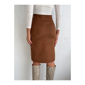 Jupe crayon en daim pour femme, taille élastique, couleur beige, longueur 65 cm - Product Image 3
