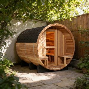 Sauna de Barril de Cedro Rojo Premium para Exteriores - Calentador de 6KW, 6 Plazas, Techo Impermeable y Bancos Dobles en el Porche - Product Image 1