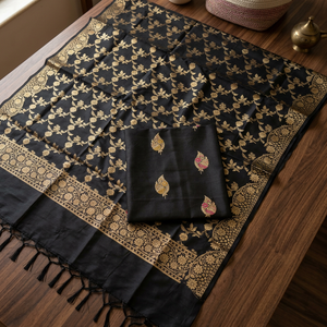 Ensemble trois pièces en soie Katan de qualité supérieure, non cousu, avec détails tissés Zari Meena, idéal pour les occasions traditionnelles, les fêtes et les mariages. - Product Image 1