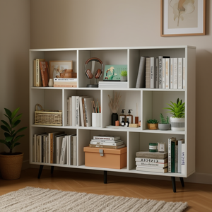 ตู้หนังสือไม้สไตล์โมเดิร์น 9 ช่อง พร้อมขาโลหะและแผงหลัง ชั้นวางของในห้องนั่งเล่น ดีไซน์แบบตั้งพื้น สไตล์สแกนดิเนเวียน - Product Image 2