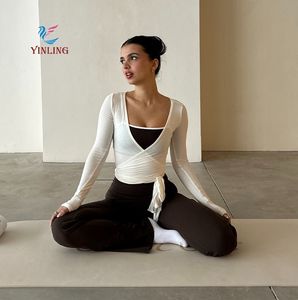 شعار مخصص للنساء ربطة عنق ملفوفة نحيفة رياضية طويلة الأكمام الباليه تجريب أعلى مجموعة اليوغا - Product Image 4