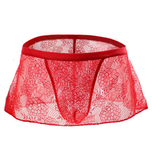 Men's <b>Sexy</b> Low Rise Lace Flared Skirt Shorts <b>Thong</b> See Through Seductive Underwear Red - Product Image 1