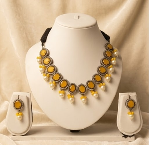 Yellow Stone Oval Link Custom Ethnic Necklace Earring Set Women Traditional Statement Jewelry Gold Finish Wedding Party Festival - Product Image 3