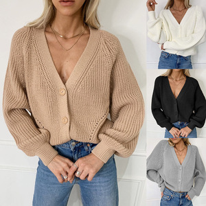 Pulls en nylon/<span class=keywords><strong>coton</strong></span> pour femmes, pulls en tricot à manches longues, amples, anti-froissage, respirants, décontractés, col en V, hauts unis, devant - Product Image 1