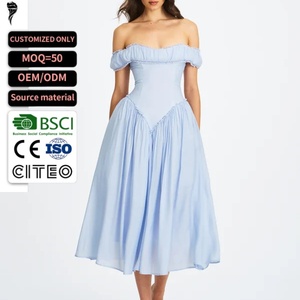 Robe de soirée élégante sur mesure pour femme, style OEM, épaules dénudées, longueur midi, avec volants, taille corset et jupe fluide en mousseline de soie - Product Image 1