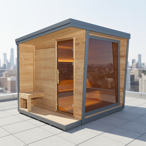 Sauna à vapeur extérieur de luxe pour 4 à 6 personnes, sauna à vapeur humide avec véranda, bois moderne extérieur personnalisé, fenêtres, 6 kW - Product Image 1
