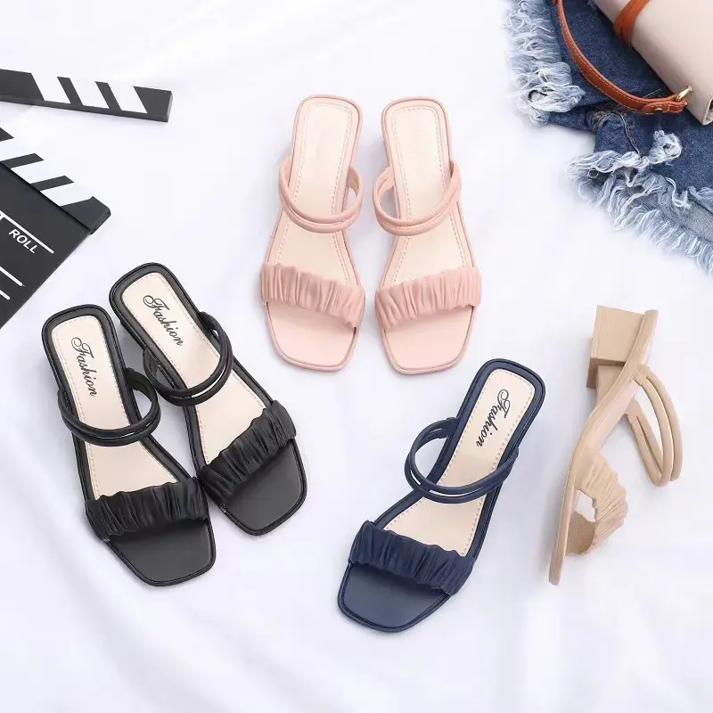 casual shoes Outer wear fashionable mid heel one word thick heel open toed shoes square toe women s slippers