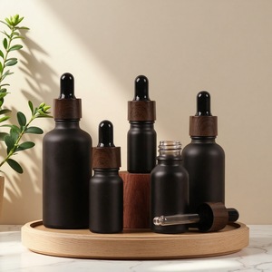 Botella de vidrio negro mate cilíndrica de lujo al por mayor de 5-100ml con gotero y collar de vidrio negro para aceite facial y <span class=keywords><strong>perfume</strong></span> - Product Image 2