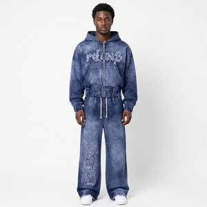 Men's Hooded Tracksuit Full Zipper <b>Tie</b> <b>Dye</b> Denim Style Loose Fit Streetwear Washed Hooded <b>Set</b> Flared Pants Pullover Tracksuit - Product Image 1