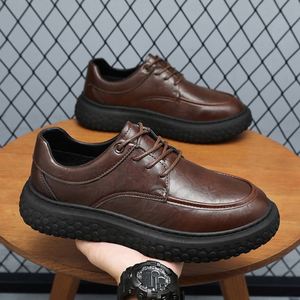 Chaussures en cuir PU pour hommes avec semelles épaisses, style décontracté, talon bas, design à lacets, rehaussées, couleur noire, mocassins - Product Image 3