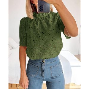 Blusa Verde Bordada con Ojales para Mujer, Manga Corta, Manga Abullonada, Cuello con Volantes, Top Casual de Primavera Verano, Capa Transparente de Encaje - Product Image 6