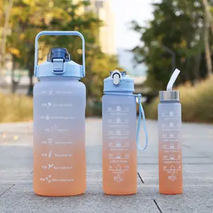 Seaygift botol air portabel, termos skala waktu besar perjalanan luar ruangan dengan 3 buah botol warna gradien