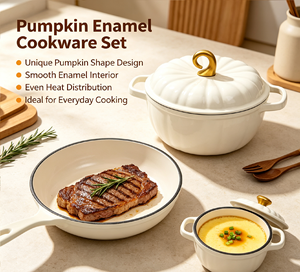 Ensemble de 6 casseroles en émail motif citrouille, faitouts et poêles en fonte polyvalents, batterie de cuisine personnalisable avec logo - Product Image 2