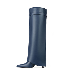 Thin High Heel Pointed Toe Overlay Shoes Dress Stiletto Pants Lock Boots Women's Folded Over Metal Decor Knee High <b>Booties</b> - Product Image 3