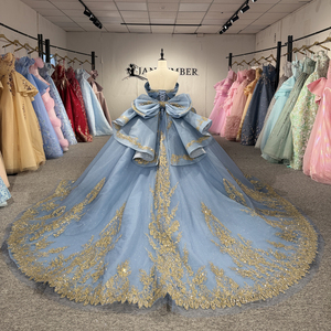 Dy20304 Dusty Blue Sweetheart <b>Corset</b> Bodice Ball Gown <b>Prom</b> <b>Dress</b> Heavy Gold Sequin Applique Layered Bow Train Jancember - Product Image 6