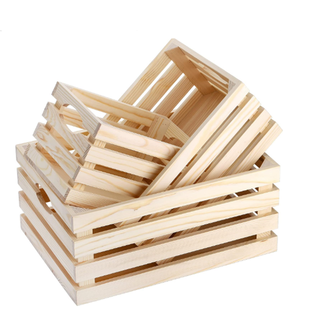 3 Pack Wooden Nesting Crates with Handles, Wood Box Crate Farmhouse Storage Basket Container for Display and Organization