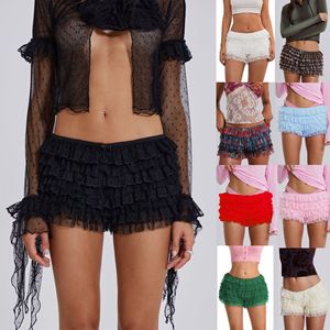 Shorts en dentelle à volants pour <span class=keywords><strong>femme</strong></span>, mini-short sexy en maille superposée, mini-short en dentelle à plusieurs niveaux, short sexy froncé pour festival - Product Image 1