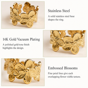 Blossom Stainless Steel <b>Adjustable</b> <b>Ring</b> 14K Gold Vacuum Plated Wide Floral Band Gold and <b>Silver</b> Colors - Product Image 5