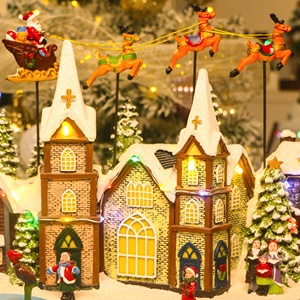 Décoration de <span class=keywords><strong>maison</strong></span> artisanale en résine, <span class=keywords><strong>maison</strong></span> de village de Noël avec rennes animés et luge, éclairage LED musical, directement de l'usine - Product Image 4