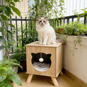 Mobilier pour chats en bois : Condo pour chat d'intérieur fermé, type table de <span class=keywords><strong>chevet</strong></span>, avec boule suspendue et coussin moelleux, multifonction - Product Image 2