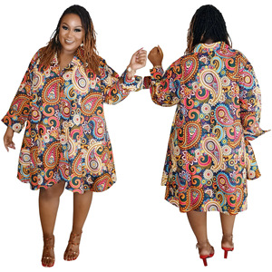 N8142 Robe chemise ample décontractée à manches longues pour <span class=keywords><strong>femme</strong></span>, <span class=keywords><strong>grande</strong></span> <span class=keywords><strong>taille</strong></span>, imprimée numériquement, avec boutons, pour l'automne - Product Image 4