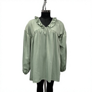 Vestido Casual de Satén Verde Menta con Cuello con Volantes y Mangas Abullonadas, Corte Holgado, Mini, Color Sólido, para Uso Diario - Product Image 1