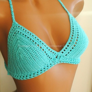 ชุดบิกินี่ถักโครเชต์คอวีเซ็กซี่ ปักลายด้วยมือ พร้อมสายรัดและพู่ห้อย ชุดว่ายน้ำทำมือสำหรับผู้หญิง - Product Image 1