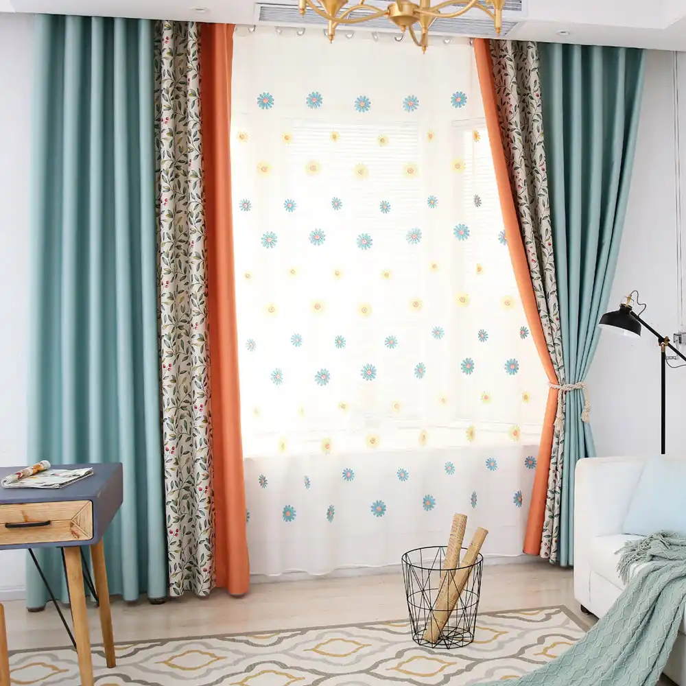 Factory wholesale the latest curtain design light blue splicing emerald flower print ripple pattern hotel project curtain