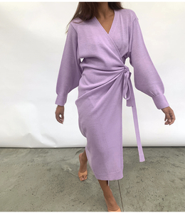 Abito Avvolgente in Maglia da Donna Autunno Inverno <span class=keywords><strong>Oversize</strong></span> Elegante Vestito Sexy con Scollo a V in Maglia Abito da Vacanza per Donne - Product Image 3