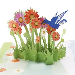 3D Flower Gerbera and Hummingbird Biodegradable Pop-up Greeting Card Moher`s gift