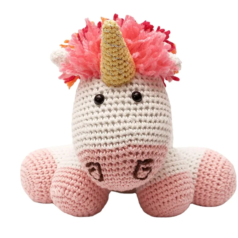 B014 Multicolor unicornio muñeca hecha a mano de peluche de juguete de punto de ganchillo de dibujos animados de animales hecho a mano muñeca