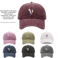 Casquette de baseball unisexe adulte six panneaux réglable en polyester/coton, style délavé, couleur unie, motif colibris éclaboussés, 3D, transfrontalière