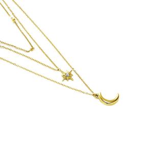 Collar de Acero Inoxidable Chapado en Oro con Colgante de Luna y Estrella de Ocho Puntas, Diseño de Tres Capas, Gran Venta - Product Image 2