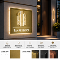 Plaque de porte extérieure personnalisée de luxe pour villa, numéro de maison, en acier inoxydable doré brossé, rétroéclairée par LED, plaque d'adresse