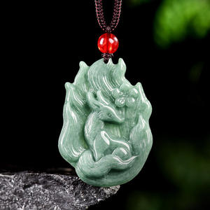 Pendentif en jade naturel de couleur vert pois, motif renard à neuf queues, design original, style chinois, cadeau avec certificat d'évaluation DW117 - Product Image 1