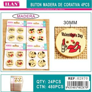 Ilan Bottone Decorativo in Legno 30mm Tema San Valentino Confezione da 4 Pezzi - Product Image 3