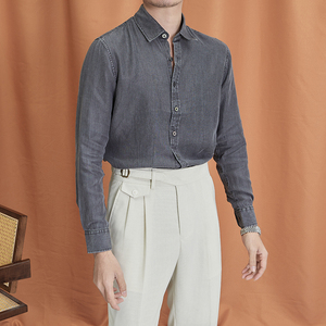 <span class=keywords><strong>Camisa</strong></span> de manga larga de mezclilla lavada vintage <span class=keywords><strong>Camisa</strong></span> azul resistente a las arrugas drapeada informal de negocios para <span class=keywords><strong>hombre</strong></span> - Product Image 6
