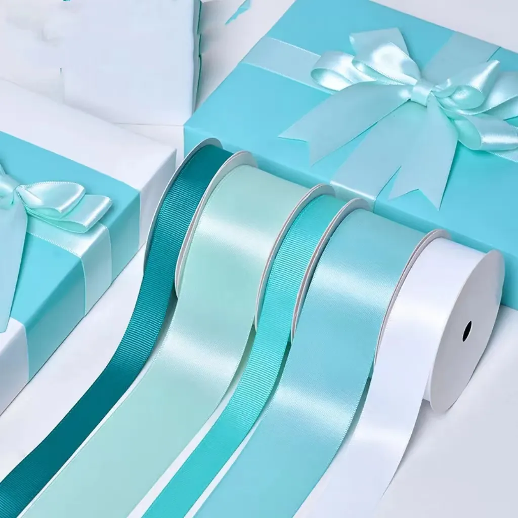 Valentine's Day 16/25/38MM Widths 100 Yards/Roll Classic Light Blue Light Green Colors Grosgrain Satin Ribbon For Gift Packaging