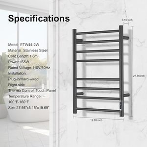 Toallero Eléctrico Moderno de Aluminio Espacial con Calefacción, Adhesivo, Montado en Pared, Impermeable, Negro, con Calentador para Baño y Hotel <span class=keywords><strong>MUBI</strong></span> - Product Image 5
