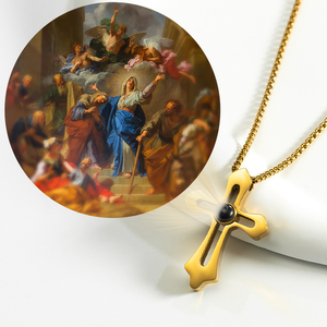 Pendentif Croix de Projection Micro-Icone Religieuse Catholique pour Femme, Peinture La Visitation, Acier Inoxydable 304L, Or PVD 18K, Vente en Gros - Product Image 1