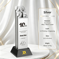 Trophée personnalisé en aluminium creux 2026 pour récompense de service au personnel de 5, 10 ou 15 ans, avec base en cristal noir, pour reconnaissance des employés d'entreprise