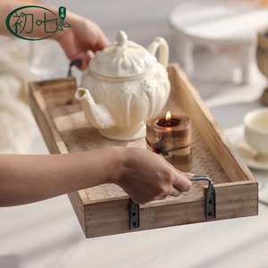 Bandeja de café estilo japonés para mesa de café, bandeja de servir con textura de bambú tejido y patrón de madera para sala de estar, hogar, plato de frutas - Product Image 3