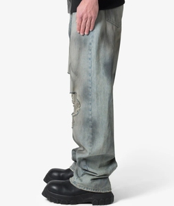 Jeans en denim déchiré à coupe ample avec panneaux et patchs, lavage à la boue <span class=keywords><strong>bleu</strong></span> vintage, design personnalisé Balenciasgaed pour hommes, nouveau modèle 2026 - Product Image 3