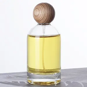 Cilindro vazio transparente, garrafa de perfume de 30ml, 50ml, 100ml, tampa de ombro esférica redonda, com pulverizador, tampa de bola de madeira