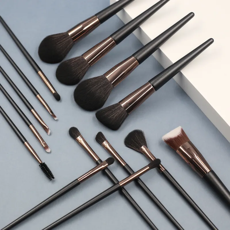 MEIKCO Lot de 15 pinceaux professionnels pour le maquillage, poils synthétiques noirs, manche en bois, pinceau multi-fard à paupières, pinceau de maquillage