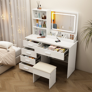 Modern Lighted Makeup <strong>Vanity</strong> <strong>Table</strong> and Mirror with Panel Design MDF Wood and Metal Bedroom Furniture for Home - Product Image 6